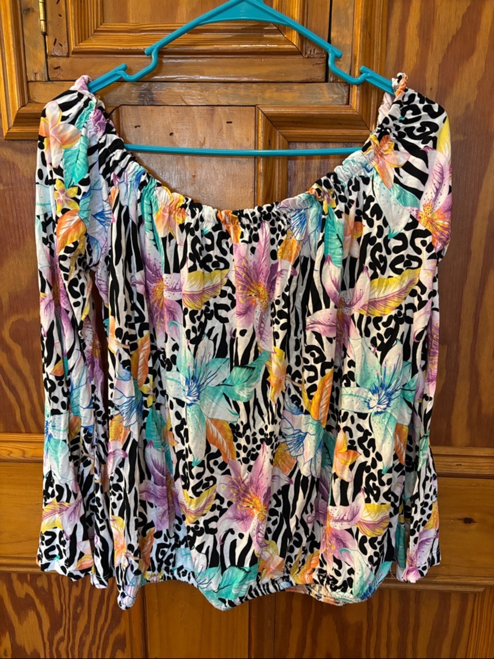 Off-Shoulder Floral & Zebra Print Women's Blouse - Multicolor